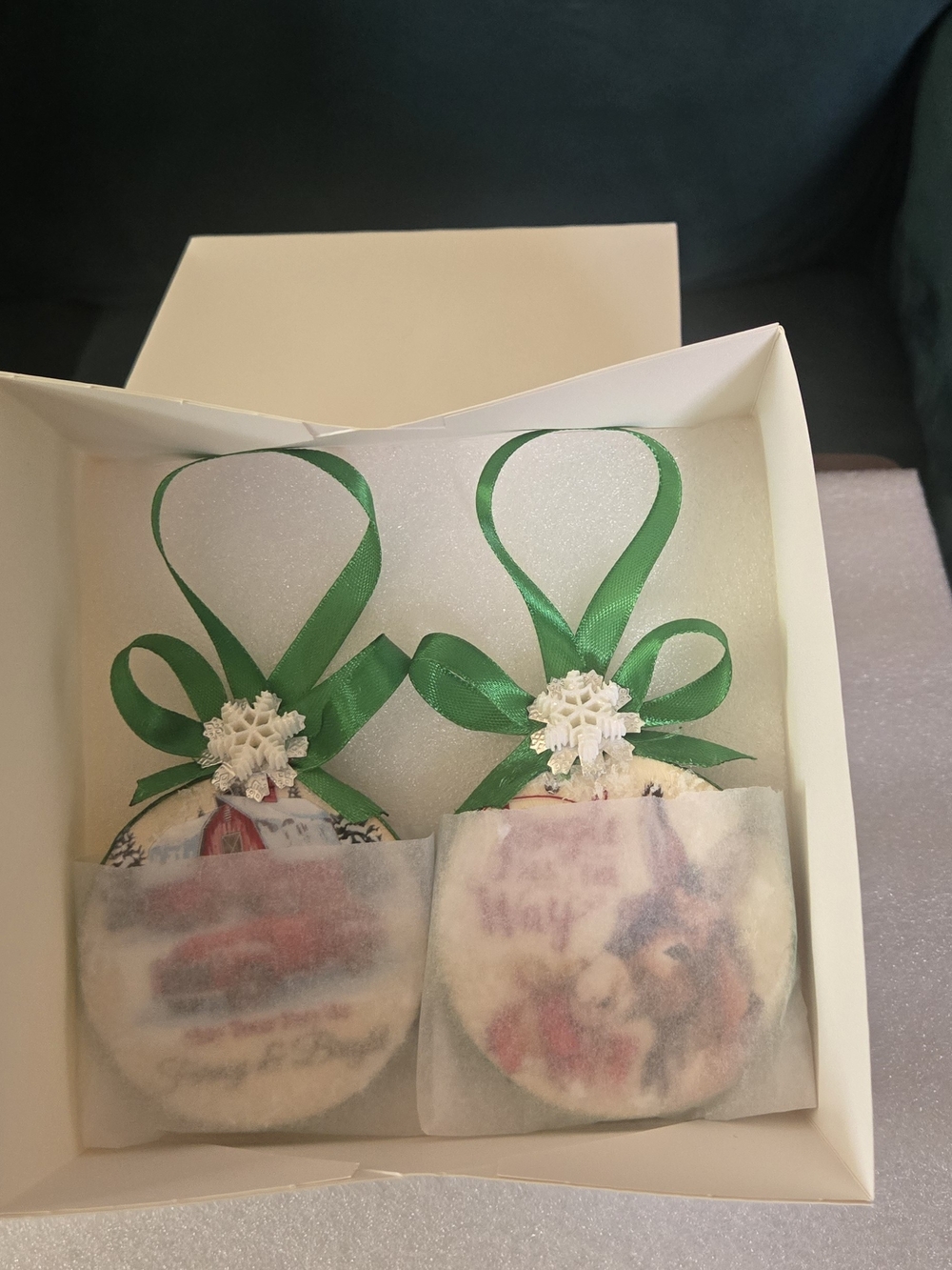 Festive Green Ribbon Holiday Ornament Pair